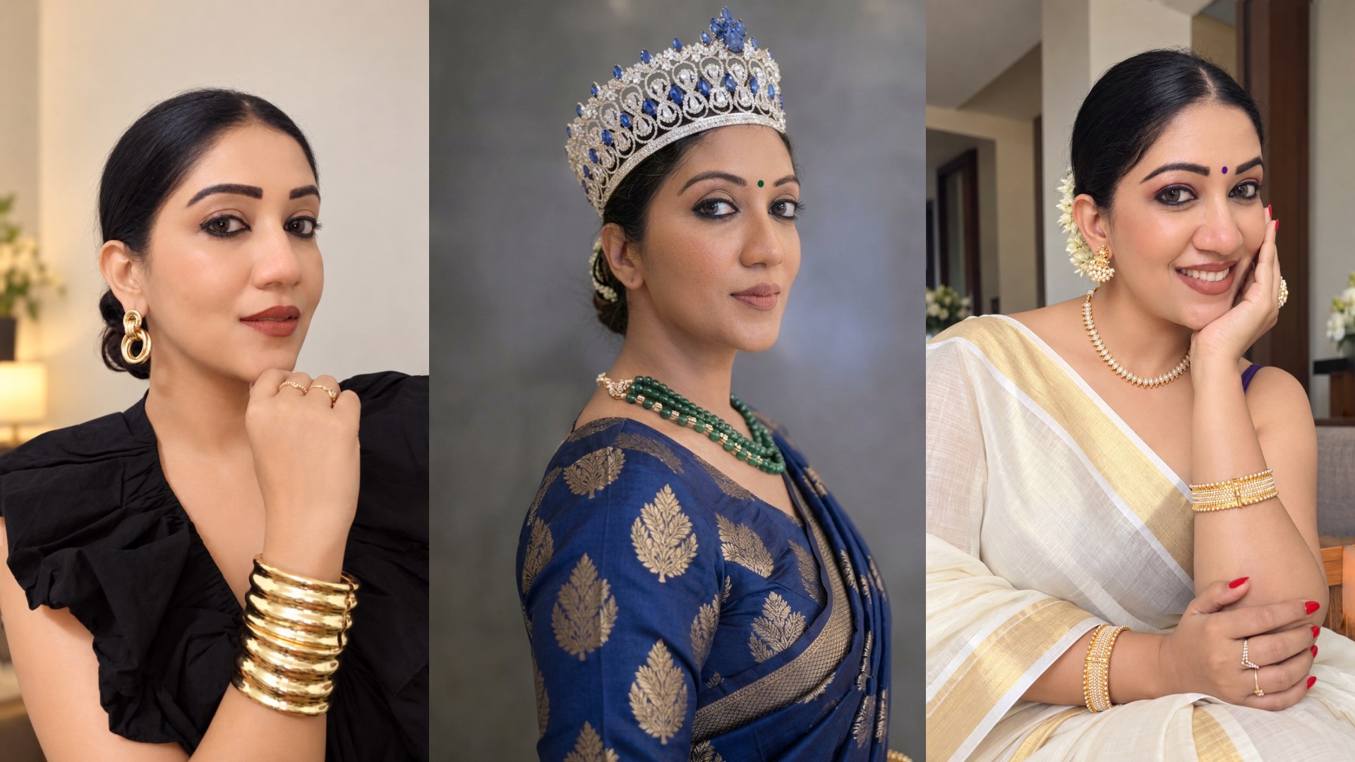 Joyal Abraham smiling in a Kerala kasavu saree with jasmine flowers and gold jewellery